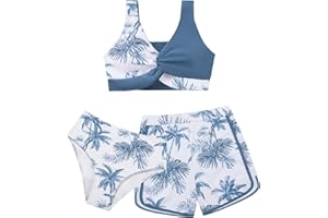 BOBORA Girl's 3 Piece Swimsuit Tropical Print Teen Bathing Suit Twist Cross Bikini Swimwear with Cover Up Shorts Size 9-16