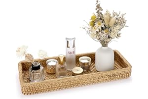 IGNPION Rattan Serving Tray Decorative Display Tray Table Storage Tray Toilet Tank Paper Tray Desktop Organiser Tray for Kitchen, Makeup, Vanity, Napkin, Candle, Ornament, 40x15cm