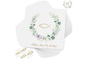 LUCOMB 60 Servietten und 90 Holz Fische für Kommunion, Taufe, Konfirmation - Grün Eukalyptus Tischdeko Fisch-Tischdekoration für Jungen und Mädchen