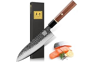 ENOKING Coltelli da Cucina Professionali, 20cm Coltello Giapponese, Lama in Acciaio ad Alto Tenore di Carbonio 9Cr18MoV, Coltello Damasco Ultra Affilato con Supporto in Ebano Manico