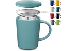 Cosumy Taza de Te con Filtro y Tapa 400ml - Ceramica Azul Aqua - Mantiene Caliente la Infusion - Apto para lavavajillas