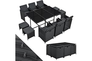 ‎JUSKYS Juskys Polyrattan Sitzgruppe Baracoa XL 11-teilig wetterfest & stapelbar - 6 Stühle, 4 Hocker, Tisch mit Glasplatte & Kissen - 10 Personen - Gartenmöbel Set für Garten & Terrasse