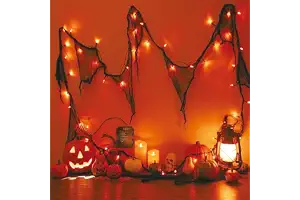 Guirnalda decorativa de Halloween naranja con gasa negra, 3 m, 30 LED, funciona con pilas, 8 modos y temporizador, IP65, resistente al agua, iluminación de Halloween, interior y exterior, para