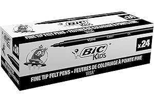 BIC Kids Visa Feutres de Coloriage à Pointe Fine, Lavables, Encre à base d'eau - Couleur Noire, Boîte de 24