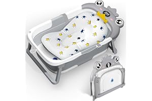 ZHHGOO Vaschetta Bagnetto Neonato Pieghevole, Vasca Neonato Bagnetto con Termometro E Cuscino Staccabile, Bagnetto Neonato per Portatile, Vasca da Bagno per Neonato A Bambino 0-36 Mesi (Grigio)