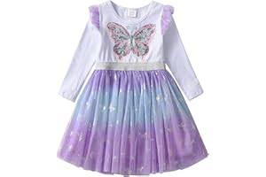 DXTON Le Ragazze Vestono Abiti da Festa Casual a Maniche Lunghe in Tulle con Principessa Unicorno 2-8 Anni