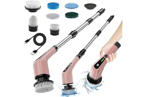 CUNSIEUN Electric Spin Scrubber, Upgraded Cordless Cleaning Brush wDrill Brush Heads, Tub and Floor Tile 360 Power Scrubber Mop with Adjustable Handle for Bathroom Kitchen Car (rose gold)