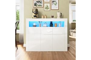 SUNXURY Cassettiera bianca lucida, credenza con LED, 3 ante, design senza manico, per cucina, corridoio, camera da letto, 116 x 93 x 35 cm (larghezza x altezza x profondità)