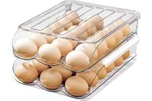 MEMEYOU Portauova di grande capacità per frigorifero, contenitore automatico per uova di rotolamento per frigorifero, contenitore impilabile per frigorifero, plastica trasparente (2 strati)