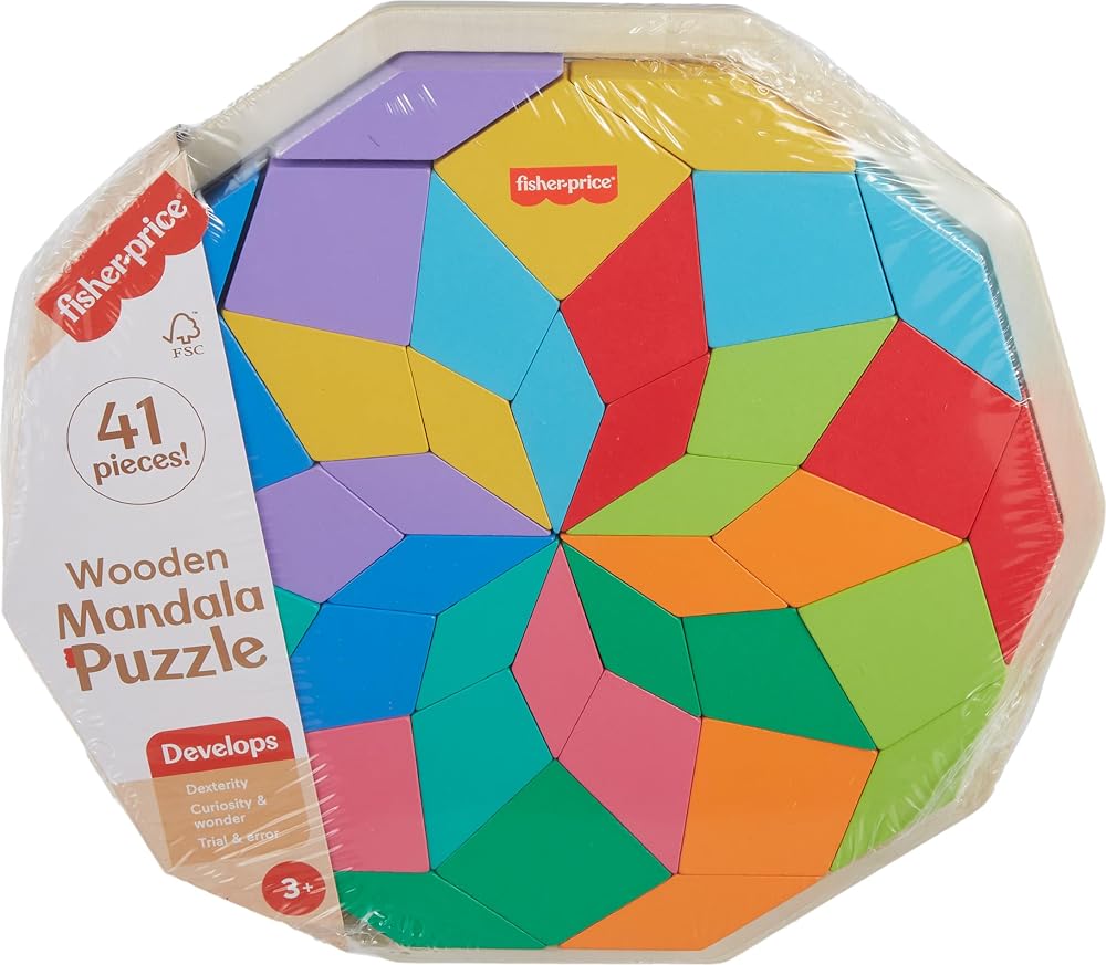 Fisher-Price Ahşap Mandala Yapboz Yürüme çağındaki çocuklar için 40 ahşap parçadan oluşan Fisher-Price Geometrik Mandala Yapboz Blokları HXT94