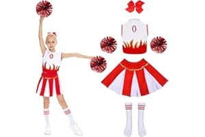 WELLCHY Déguisement Pompom Girl, Costume Cheerleader Filles, Uniforme de Pompom Girl Fille sans Manche avec Pompoms, Couvre-chefs et Chaussettes, Cosplay Costume Carnaval