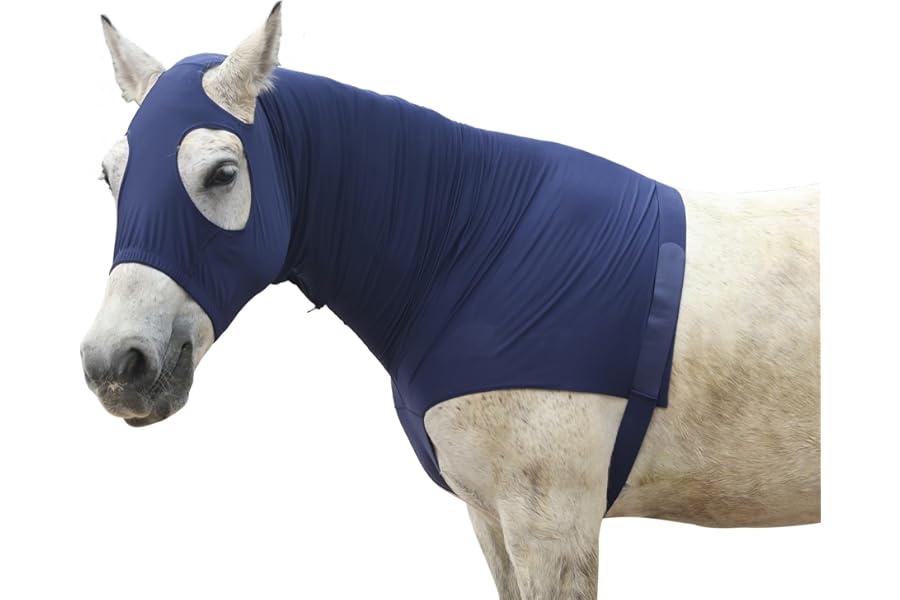 Horse Stretch Hood with Zipper, Full Face & Neck Cover for Sweet Itch Protection – Mane Braid Shoulder Guard & Fly Shield Navy Large