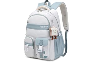 Amythe School Backpacks for Girls, Water-Resistant School Bag with Kawaii Pendant, Teen Girls BookBag for Primary Secondary School, Lightweight Casual Rucksack for Travel