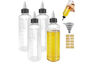 Realure 4 Pcs Bottiglia Squeeze di Plastica, 250ml 8oz Biberon Cucina con Scala e Tappo a Torsione, Flacone Dosatore Olio da Cucina Trasparente Bottiglia per Olio, Condimenti, Salsa, Liquidi, Colla