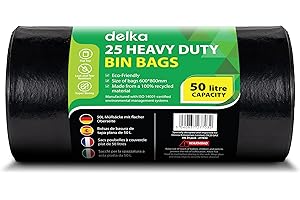 Delka Heavy Duty Black Bin Bags – Extra Strong, Leak-Proof Plastic Liners – Ideal for Kitchen, Home, DIY & Garden, Household, Office & Catering – Made from 100% Recycled Material (50L, 25 Pack)