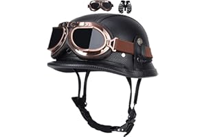 MTQCBDHY Jethelm Retro, Motorradhelm Jethelm Roller-Helm, Deutscher Stil Halbschale Helm, Herren Und Damen Vintage Halbgesicht Chopper Helm, Scooter-Helm, Mit Handschuhe Brille, ECE-Zugelassen