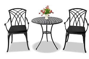 Centurion Supports OSHOWA Black Garden & Patio Table & 2 Large Chairs with Armrests Cast Aluminium Bistro Set with Black Cushions