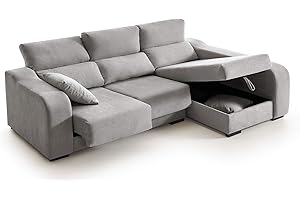 ECCOX - Sofá Chaise Longue Zafiro de 3 Plazas - Asientos Deslizantes, Cabeceros Reclinables y Arcón de Almacenaje - Chaiselonge Derecha Tapizado en Tela Antimanchas - Color Gris