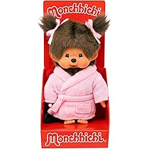 Sekiguchi – Monchhichi Fille Originale – Robe à Bretelles Motif Chat – Peluche 20 Cm – Tétine à La Main – Marron
