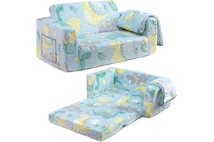 BEJOY Divano letto per bambini, extra largo, 2 in 1, morbido, sherpa, pieghevole, convertibile, per ragazze e ragazzi, dinosauro luminoso