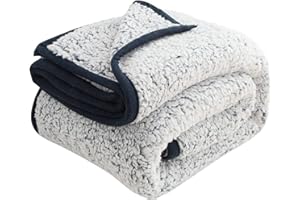 EMME Koc Sherpa 152 x 203 cm, ultramiękki, ciepły, puszysty koc polarowy, z mikrofibry, przytulny koc na kanapę, sofę, lekki, puszysty, gruby, dwustronny koc na kanapę, granatowy, 152 x 203 cm