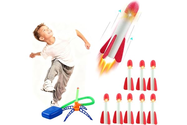 HhBdy Fusée Enfant, Fusée à Pédale avec 8 Roquettes Jouets pour Enfants Lancement Jouet Extérieur pour Cadeaux d'anniversaire et de Rentrée Scolaire pour Garçons et Filles (Lumières Colorées)