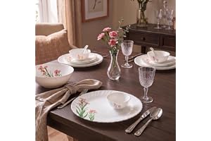 Novo By La Opala Opalware Dinner Set 35 Pcs for Family of 6, Pink Florets | Microwave & Dishwasher Safe Crockery Set for Home, Bone-Ash Free Bowls & Plates Set, Break-Resistant & Lightweight