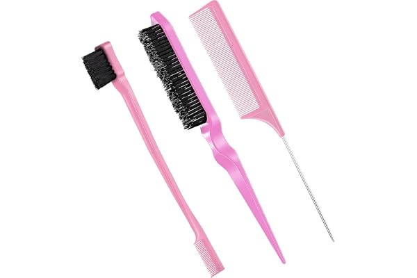 3 Pcs Set de Brosse à Cheveux de Bord en Poils Brosse à Bord Double Face Peigne à Double Tranchant Peigne à Queue de Rat pour Femme Enfant Bébé (Rose)