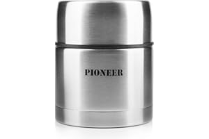 PIONEER FLASKS Pioneer termos na zupę 0,5 l, stal nierdzewna, z podwójnymi ściankami, izolowany pojemnik na zupę, do 8 godzin, gorących przez 24 godziny, chłód bez BPA – stal szczotkowana