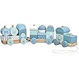 Navaris Wooden Toy Stacking Train - Pull-Along Building Block 20-Piece Train Set Made from Solid Wood - For 18M+ Toddlers, Kids, Boys, Girls - Blue