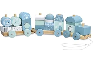 Navaris Trenino in Legno Trainabile - Locomotiva e Vagoni a Ruote Trainabili con Spago - Treno Giocattolo 20pz - Decorazione Cameretta Bambini - Blu