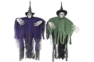 OUMUAMUA Halloween Hanging Grim Reapers Ghosts, Large Scary Halloween Prop Skull with Green Purple Gauze Cloth Bendable Arms, 35.5'' Halloween Skeleton Halloween Hanging Ghost Decoration for Haunted House 2Pcs
