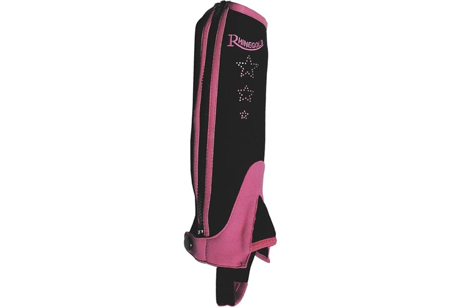Rhinegold CHILDREN’S HALF CHAPS – Synthetic Horse Riding Gaiters with Elasticated Fit, Durable Zip & Sparkly Star Design – Pony & Equestrian Wear – Pink or Blue – Sizes M, L, XL