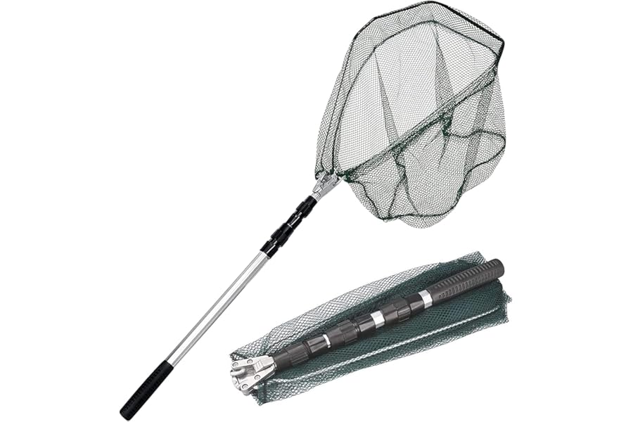 KK'S GLAMS® Telescope Fishing Landing Net - Foldable Collapsible Extensible 1.5M Aluminum Alloy Pole Handle, Lightweight Portable for Bird Fish Catch (Silver Pole/Green Net)