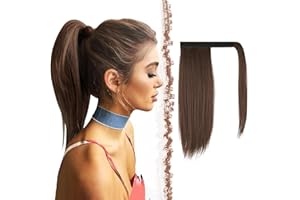 FESHFEN Coda Finta Capelli Extension, 40 cm Coda di Cavallo Extension Coda Capelli Lisci Lungue Sintetica Wrap Around Ponytail Extension, Marrone medio e ramato chiaro misto