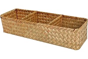 FEILANDUO Cestas de mimbre para estantes, cestas de almacenamiento tejidas a mano para baño, decoración bohemia del hogar, 37 cm de largo x 12 cm de ancho x 8 cm de alto (3 secciones naturales)