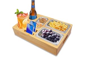 DRUUZYL Couchbar Snackbox, Praktischer Sofatablett Snackbox mit Fächern, Abnehmbarer Deckel mit 3 Abnehmbarem Snackbox Edelstahl mit Getränkehalter für Wohnzimmer Garten Camping Couchbar Wohnmobil