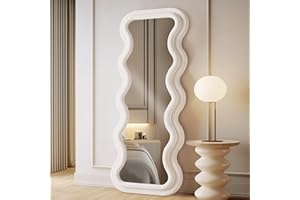LunaMirror Full Length Mirror 160x60 CM Wavy Full Body Wall Mounted Floor Mirror with Stand Ivory Flannel Frame Leaning Hanging Wall for Bedroom Entrance