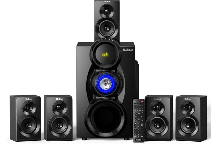 Bobtot Wireless Surround Sound System Home Theater System, 1000W Surround Speakers 8" Subwoofer 5.1/2.1 Channel Deep Bass with ARC Optical Bluetooth Karaoke Input