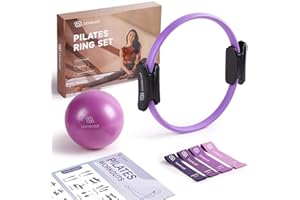 LIONSCOOL Pilates Ring Set - Premium14”Magic Circle with Dual Padded Handles - Includes Pilates Mini Ball & Highly Elastic Resistance Bands & Workout Guide & Bag