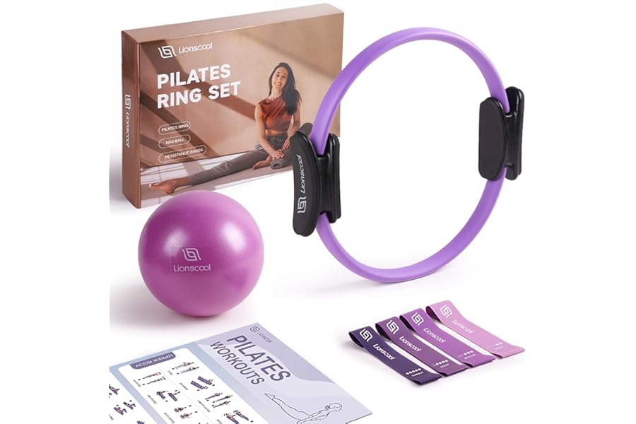 LIONSCOOL Pilates Ring Set - Premium14”Magic Circle with Dual Padded Handles - Includes Pilates Mini Ball & Highly Elastic Resistance Bands & Workout Guide & Bag