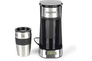 Salter Cafetière Digitale, Machine à Café Filtre Une Tasse, Minuteur 24 Heure Programmable, Filtre Lavable et Réutilisable, Comprend un Mug de Voyage en Acier Inoxydable 420ml, Infusion en 3-4 Minutes
