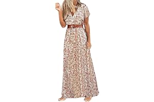 Zhsxertwy Boho Dresses for Women UK V Neck Short Sleeve Ladies Casual Long Beach Sundress with Belt Bohemian Floral High Waist Split Summer Maxi Dress Elegant