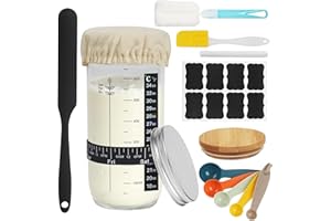 BUCOMTU Sauerteig-Starterglas 680ml Sauerteig Starter Set, Brot Backen Zubehör, Fermentationsglas mit Aluminiumdeckel Gärtuch Temperaturband Etikett Silikonspatel, Wiederverwendbares Sauerteig-Starterglas