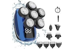 ZORUMAN Head Shaver for Men, 5-in-1 Electric Mens Head Shaver Cordless Head Shavers for Bald Men with LED Display, Rotary Hair Shaver for Head Face Skin IPX7 Waterproof Wet Dry Use, Blue