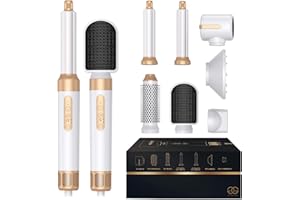Brosse Soufflante avec 7 accessoires, Golden Goods Airstyler 7-en-1, Sèche-cheveux, pour sécher, Brosse Coiffante Chauffante, Pour Lisser, Boucler, White/Gold Edition