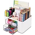 KAHEIGN Desk Organiser with 2 Drawers, 19CM x 14CM Multi-Functional Desk Tidy Organiser Large Capacity Pen Holder Makeup Organizer for Kids Teacher Gift Office School Home Table Decor (White)
