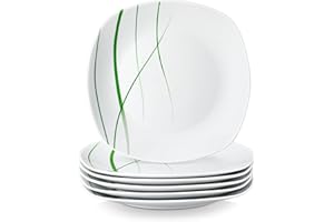 VEWEET Juego de 6 Platos Llanos 24,7 x 2,2 cm, Platos de Cerámica, Platos Cuadrados de Porcelana, Platos de Pasta para 6 Personas con Líneas Verdes, Aptos para Microondas y Lavavajillas, Serie AVIVA