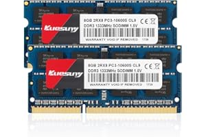 ‎KUESUNY Kuesuny 16GB Kit (2x8GB) DDR3 1333MHz Sodimm RAM DDR3 Laptop PC3-10600 Memory Module PC3-10600S 1.5V CL9 204 Pin 2RX8 Dual-Rank Non-ECC Memory RAM Ideal for Notebook Laptop Upgrade