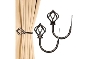 KAMANINA 2 Pack Bronze Curtain Holdbacks, U Form Wall Mounted Curtain Tiebacks, Decorative Curtain Drapery Holdback with Twisted Cage Finials for Fixed Curtain or Hanging Items